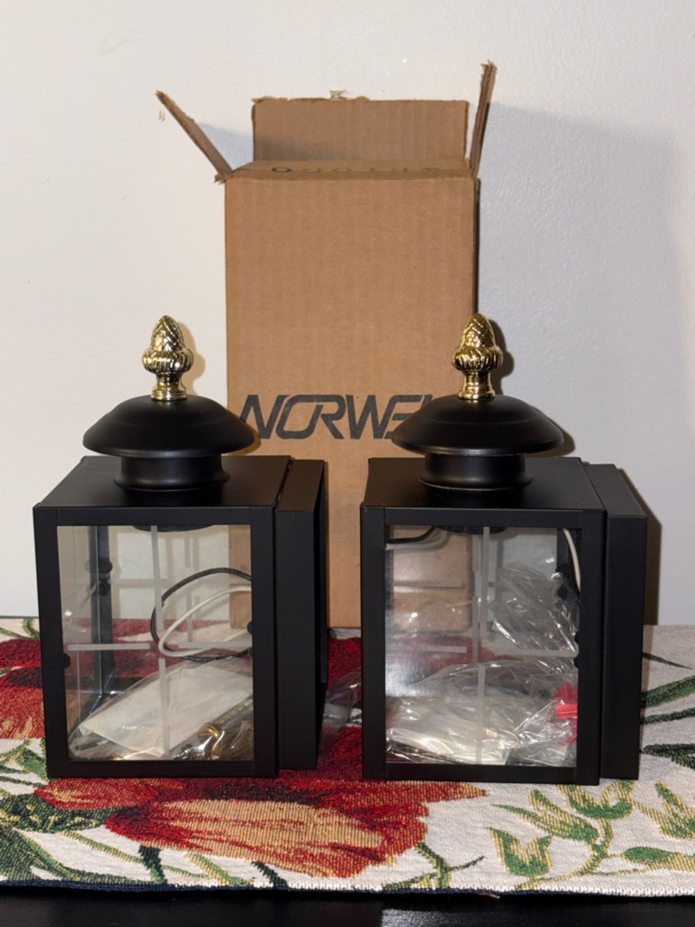 Pair of Black Outdoor Lantern Wall Sconces Lights with Gold Finials Norwell - Picture 2 of 11